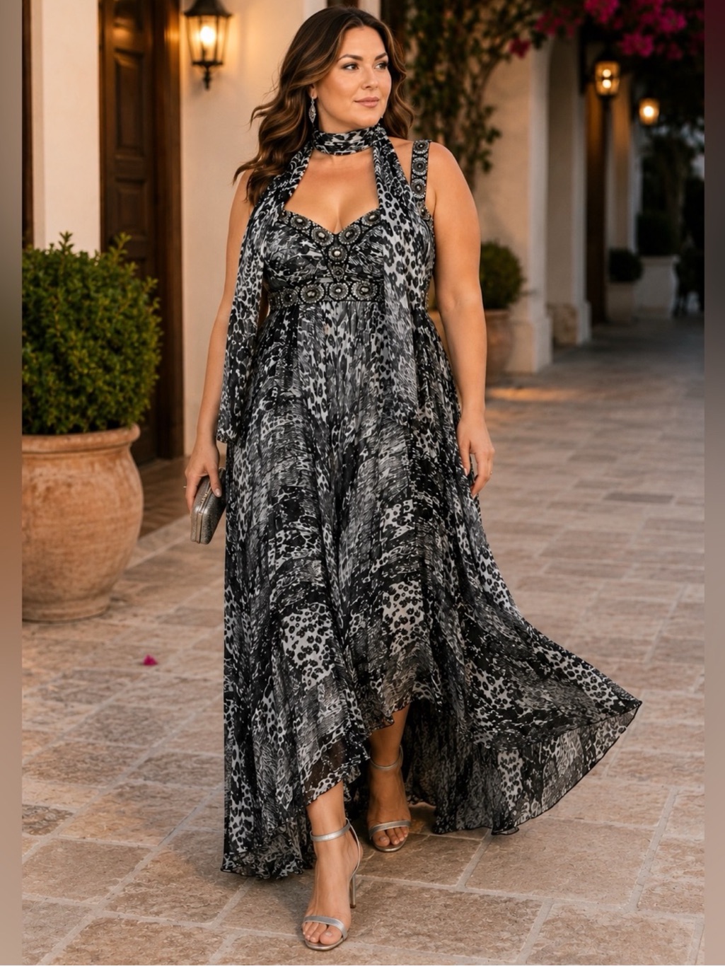 Vintage Dolce Jovani Silk Embellished Animal Print Gown & Scarf Gray/Black Sz 16
